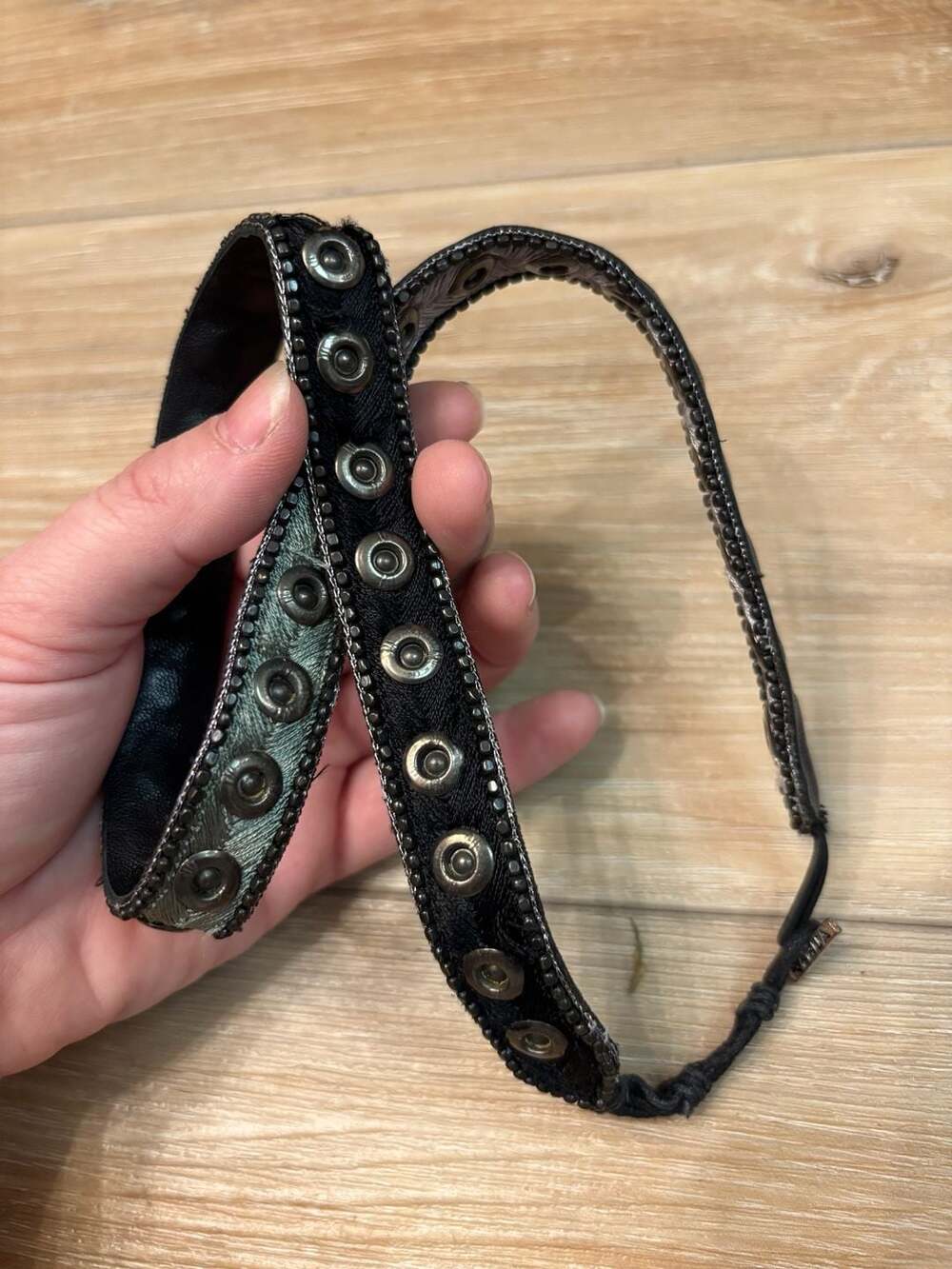Nahua Black Leather Studded and Beaded Hair-On-Hide Headband with Metal Branding